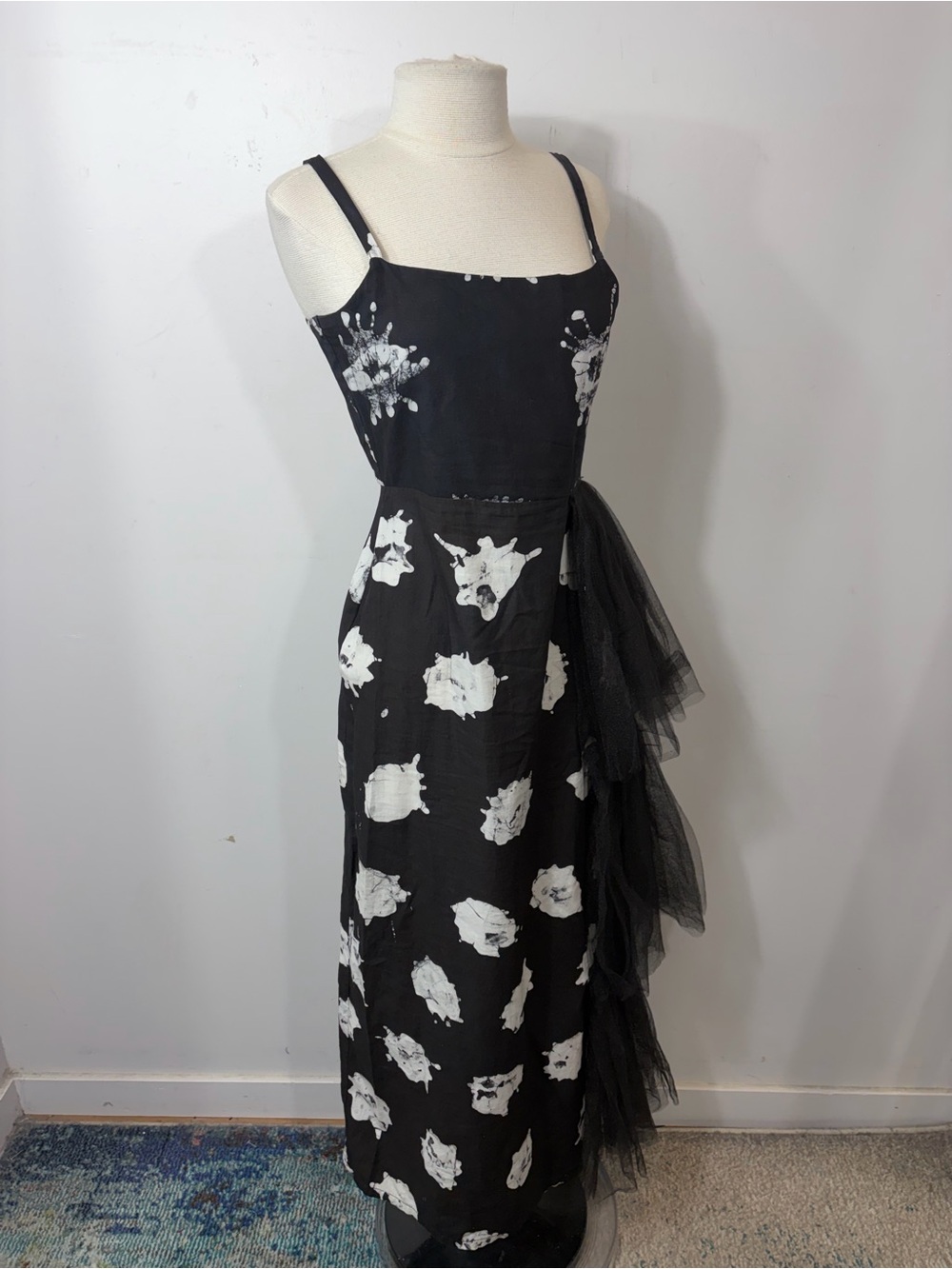 BUSAYO Black & White Abstract Print Midi Dress Tulle Ruffle Side Size S - Picture 3 of 11